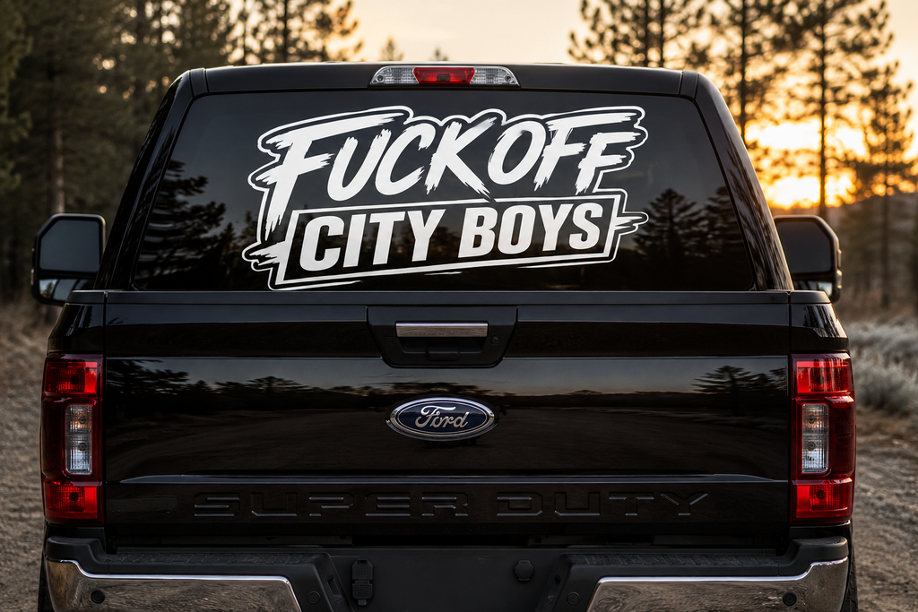 «Fuck Off City Boys» bakrute klistremerke