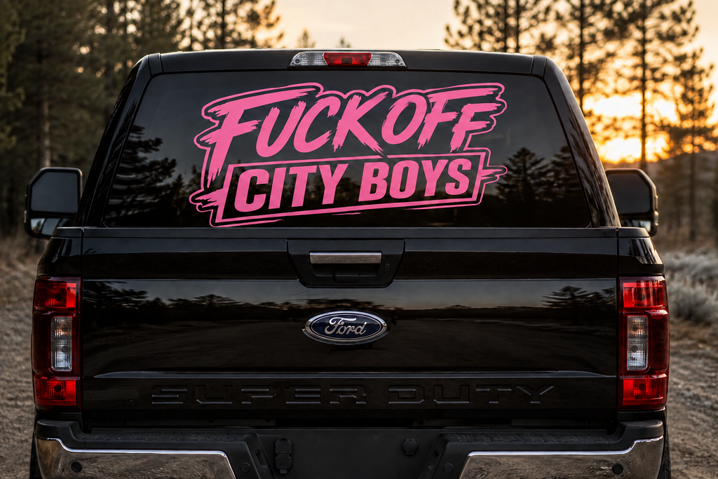 «Fuck Off City Boys» bakrute klistremerke